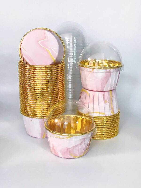 Set , 50pcs Disposable Cupcake Cups With Lids, Disposable Muffin Cups With Lids, Heat Resistant Glossy Cupcake Liners, Muffin Molds, Baking Tools, Curled Edge Cake Cups,Cake Holder, Cupcake Liner For Wedding And Birthday Parties Pink