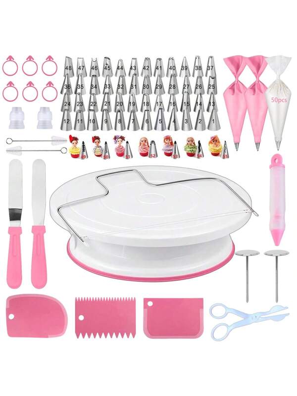 4/7/24/128/157/169pcs Stainless Steel Icing Nozzles, Pink Cake Turntable Set, Reusable & Disposable Piping Bags, Silicone Rings, Converters, Spatulas, Scrapers, Nails And Scissors, Decorating Pens, Baking Tools, Cream, Cookies, Kitchen Utensils For Cake & Pastry Decoration Purple