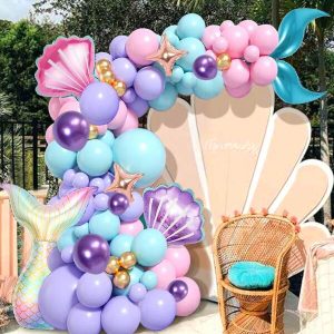 114pcs/Set Mermaid Birthday Party Decoration Kit, Including Pink Purple Blue Mermaid Balloons, Flower Garlands, Arches, Shell Balloons, Ideal For Decorating Birthday Banners And Cake Toppers, Mermaid Tail, Shell Balloons Perfect For Girl Mermaid Themed Party,Christmas Multicolor