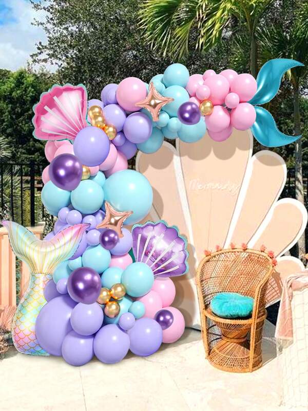 114pcs/Set Mermaid Birthday Party Decoration Kit, Including Pink Purple Blue Mermaid Balloons, Flower Garlands, Arches, Shell Balloons, Ideal For Decorating Birthday Banners And Cake Toppers, Mermaid Tail, Shell Balloons Perfect For Girl Mermaid Themed Party,Christmas Multicolor