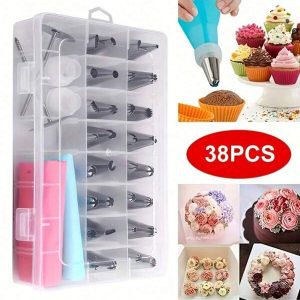 38pcs Stainless Steel Icing Tips Set With Storage Box, Including 32 Icing Tips, 2 Converters, 2 Nails And 2 Pastry Bags; Suitable For Cake Decoration, Nozzle, Pastry, Cupcake, Baking Tray, Cream, Cookies And Kitchen Tools. Decoration Set