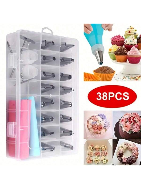 38pcs Stainless Steel Icing Tips Set With Storage Box, Including 32 Icing Tips, 2 Converters, 2 Nails And 2 Pastry Bags; Suitable For Cake Decoration, Nozzle, Pastry, Cupcake, Baking Tray, Cream, Cookies And Kitchen Tools. Decoration Set