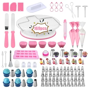 169pcs Stainless Steel Icing Piping Nozzles, Cake Turntable, Piping Bags, Silicone Muffin Cups, Silicone Chocolate Molds, Cake Decorating Tools Kit, Piping Tips, Pastry, Cupcake, Baking Pan Decor, Baking Tools, Frosting Decoration Set