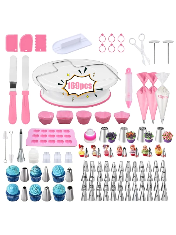 169pcs Stainless Steel Icing Piping Nozzles, Cake Turntable, Piping Bags, Silicone Muffin Cups, Silicone Chocolate Molds, Cake Decorating Tools Kit, Piping Tips, Pastry, Cupcake, Baking Pan Decor, Baking Tools, Frosting Decoration Set