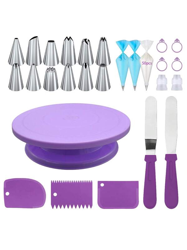 76pcs Stainless Steel Icing Nozzles Cake Turntable Set With 12 Icing Nozzles, 1 Cake Turntable, 2 Reusable Piping Bags, 50 Disposable Piping Bags, 4 Silicone Rings, 2 Converters, 2 Cream Scrapers, 3 Cream Scrapers, Cake Decorating Tools, Nozzles, Pastries, Cupcakes, Baking Tray Decoration, Baking Tools, Icing, Biscuits, Kitchen Gadgets. 76pcs