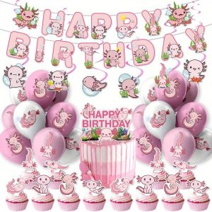 50pcs Axolotl Birthday Party Supplies, Axolotl Theme Party Decorations Set Include Balloons, Happy Birthday Banner, Cake Topper For Axolotl Fans Birthday Party Decorations,Christmas Pink