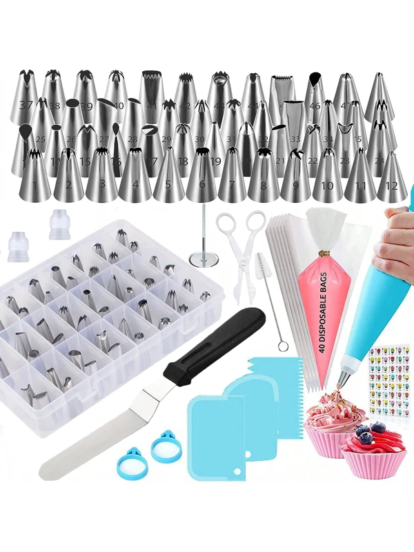 100pcs Set Stainless Steel Icing Nozzles With Storage Box, Piping Bags And Tools For Cake Decoration, Cupcake, Pastry, Baking, Cream, Cookies And Kitchen Supplies Multicolor