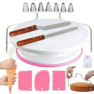 35pcs Stainless Steel Icing Tips Cake Turntable Baking Tool Set With 7 Stainless Steel Icing Tips, 1 Cake Turntable, 20 Disposable Piping Bags, 1 Cake Leveler, 2 Wooden Handle Buttercream Spatulas, 3 Icing Scrapers, 1 Coupler For Cake Decorating, Nozzles, Pastries, Cupcakes, Muffin, Pans, Baking Tools, Icing Tools, Cream, Cookies, Kitchen Gadgets Decoration Set