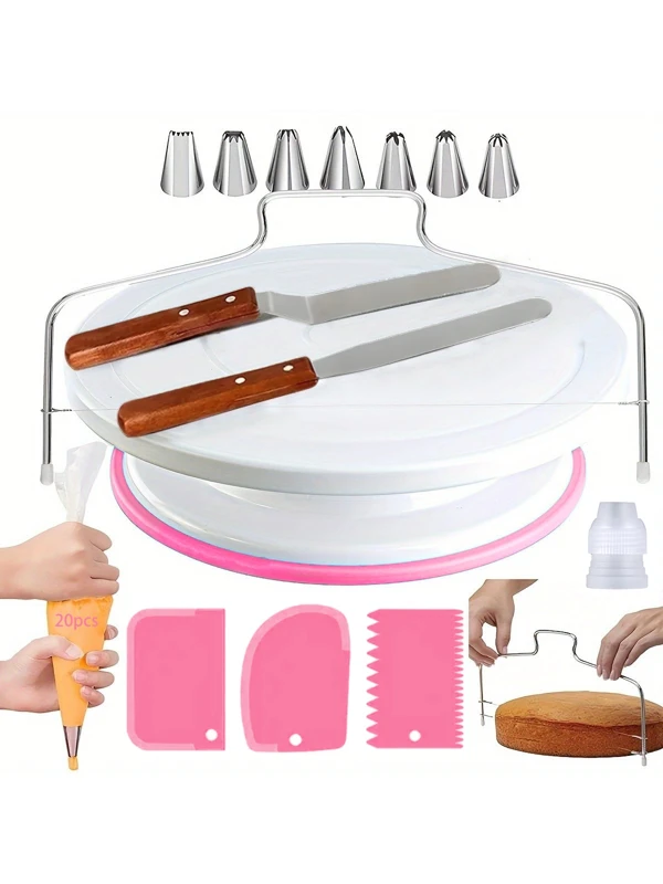 35pcs Stainless Steel Icing Tips Cake Turntable Baking Tool Set With 7 Stainless Steel Icing Tips, 1 Cake Turntable, 20 Disposable Piping Bags, 1 Cake Leveler, 2 Wooden Handle Buttercream Spatulas, 3 Icing Scrapers, 1 Coupler For Cake Decorating, Nozzles, Pastries, Cupcakes, Muffin, Pans, Baking Tools, Icing Tools, Cream, Cookies, Kitchen Gadgets Decoration Set