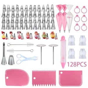 128pcs Stainless Steel Cake Decorating Nozzles Set With 57 Nozzles, 2 Reusable Piping Bags, 50 Disposable Piping Bags, 3 Cream Scrapers, 4 Converters, 2 Nozzles Nails, 1 Piping Pen, 2 Cleaning Brushes, 1 Cream Scissors For Cake Decoration: Nozzles, Pastries, Cupcakes, Baking Trays, Baking Tools Decoration Set