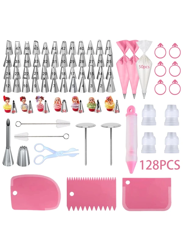 128pcs Stainless Steel Cake Decorating Nozzles Set With 57 Nozzles, 2 Reusable Piping Bags, 50 Disposable Piping Bags, 3 Cream Scrapers, 4 Converters, 2 Nozzles Nails, 1 Piping Pen, 2 Cleaning Brushes, 1 Cream Scissors For Cake Decoration: Nozzles, Pastries, Cupcakes, Baking Trays, Baking Tools Decoration Set