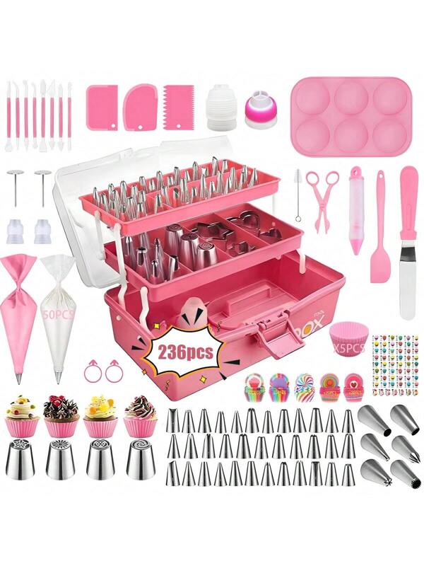 236pcs Cake Decorating Tools Set, Includes Piping Nozzles, Piping Bags, Cake Molds, Icing Spatula, Icing Smoother, Carving Knives, Cake Decorations, Spray Nozzles, Pastry, Cupcake Liners, Baking Pans, Baking Tools, Frosting, Cookies, Kitchen Gadgets Decoration Set