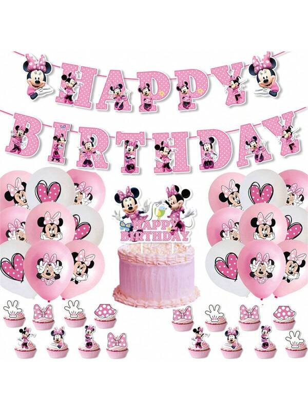 32pcs/Set Pink Theme Birthday Party Decorations - Balloons, Banner, Cake Toppers, For Home Celebration,Christmas Pink