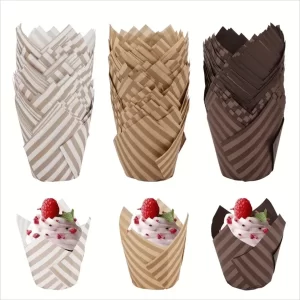 50pcs Tulip Shaped Muffin Liners, Gold Stripe Baking Cups, Food Safe Paper Cups For Christmas, Halloween, Thanksgiving, Father's Day Multicolor