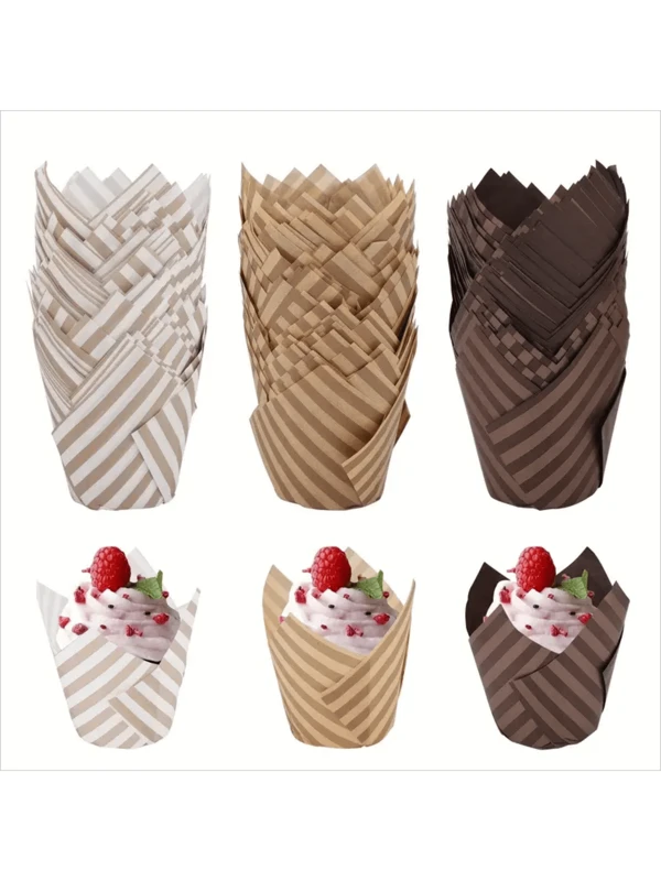 50pcs Tulip Shaped Muffin Liners, Gold Stripe Baking Cups, Food Safe Paper Cups For Christmas, Halloween, Thanksgiving, Father's Day Multicolor