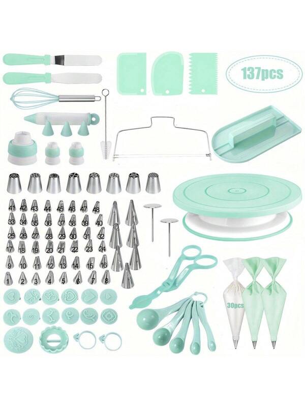 137pcs Cake Turntable Set, Cake Decoration Piping Tips, Baking Cup, Baking Tray, Baking Tools, Frosting, Cookies, Kitchen Utensils Baking Tools