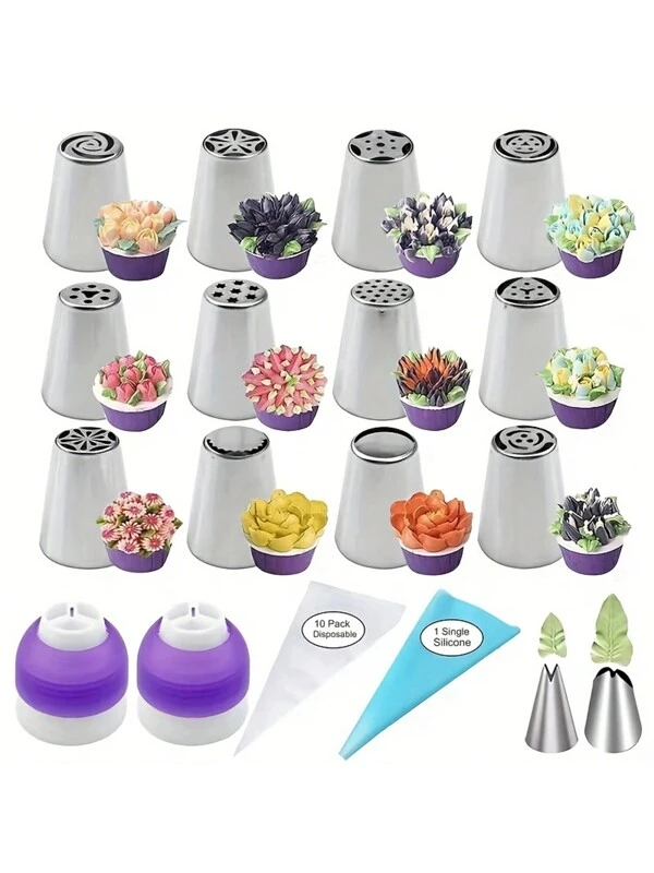 27pcs Russian Icing Piping Nozzles Set - Stainless Steel Cake Decorating Tips, Baking Tools Multicolor