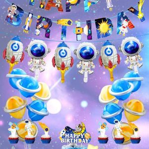 34pcs/Set Astronaut Space Theme Balloon Kit, Mini Astronaut Rocket Foil Balloons + Cake Toppers For Birthday Party Decorations,Christmas Multicolor