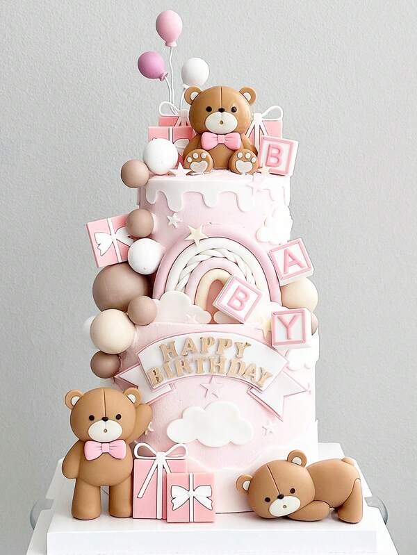 Cute Bear Themed Birthday Party Cake Decorations, Made Of Soft Rubber Material, Lifelike Shape And Vibrant Colors (Washable And Reusable), Includes: 1pc Standing Bear, 1pc Lying Bear, 1pc Sitting Bear, 4pcs Letters, 10pcs White Balls, 10pcs Grey Balls, 3pcs Balloon Decors, 6pcs Gift Boxes, 6pcs Clouds. Suitable For Decorating Cakes Of Various Sizes, Table Scenes, And Car Decor.,Christmas Clear