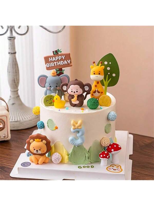 6pcs New Cute Cartoon Animal Theme Cake Topper Jungle Safari Cupcake Decoration For Birthday Party Decoration, Jungle Safari Animal Party Supplies Multicolor