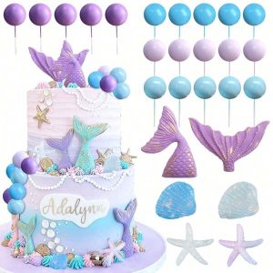 LaVenty LaVenty 52 PCs Purple  Cake Topper Under The Sea Cake Decoration Seashell Cake Topper Mermaid Tail Cake Topper Mermaid Party Supplies Sea Star Cake Toppers Purple