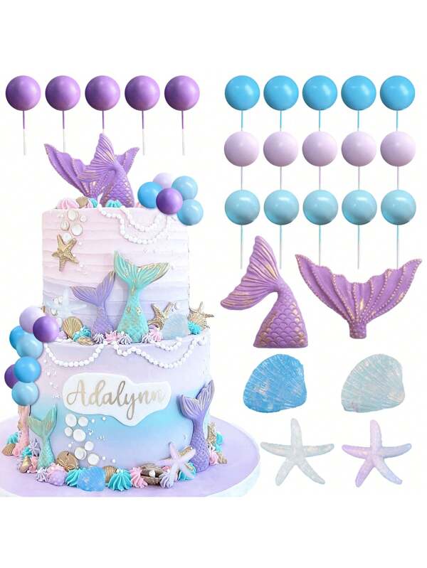 LaVenty LaVenty 52 PCs Purple  Cake Topper Under The Sea Cake Decoration Seashell Cake Topper Mermaid Tail Cake Topper Mermaid Party Supplies Sea Star Cake Toppers Purple