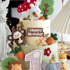 9pcs Animal Birthday Cake Toppers, Forest Theme Party Supplies, Including Elephant, Giraffe, Lion, Monkey, Tree, Rabbit, Carrot, Mushroom, Happy Birthday Cake Toppers, Jungle Animal Theme Party. Cartoon Animal Doll Ornaments Are Reusable (Soft Glue),Christmas Multicolor