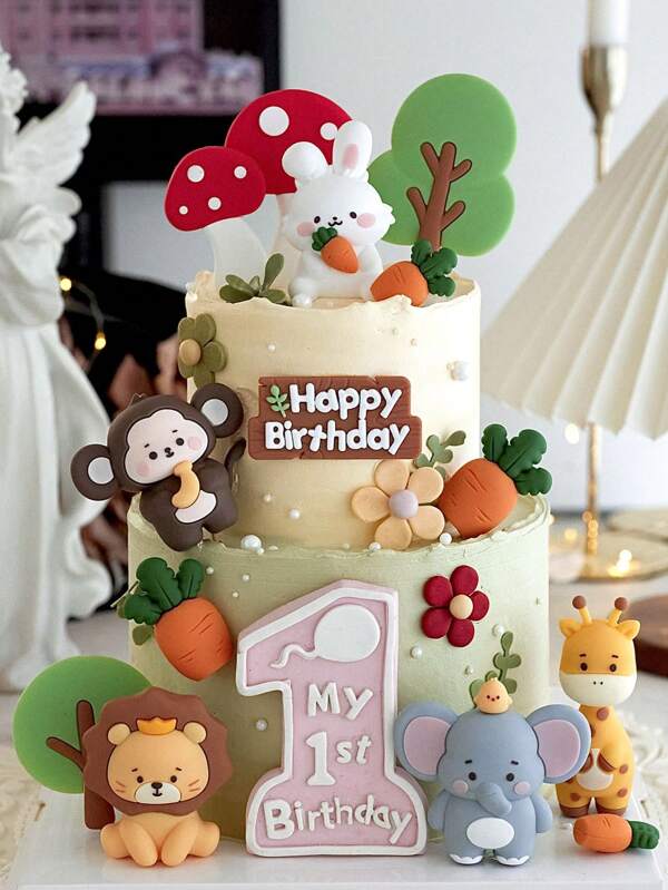 9pcs Animal Birthday Cake Toppers, Forest Theme Party Supplies, Including Elephant, Giraffe, Lion, Monkey, Tree, Rabbit, Carrot, Mushroom, Happy Birthday Cake Toppers, Jungle Animal Theme Party. Cartoon Animal Doll Ornaments Are Reusable (Soft Glue),Christmas Multicolor