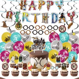 WB 46PCS Harry Potter Officially Licensed Harry Potter Theme Balloon Set Birthday Flag Stamped Balloons Cake Flag Sunglasses Birthday Graduation Party Decoration Supplies Theme Banquet Good Dressing Up Photo Background Props Gift For Family Friend,Christmas Style 1