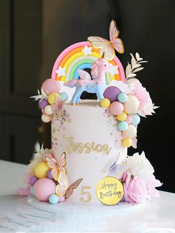 1set Rainbow Princess Castle Cake Decoration Happy Birthday Party Cake Decoration Cuttings Set,Christmas Multicolor