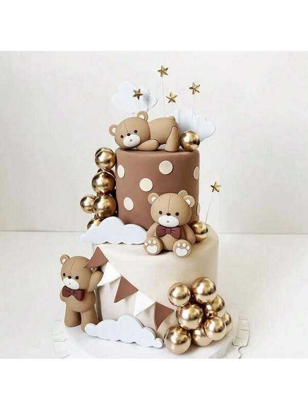 8pcs/Set Brown Bear Cake Topper For Birthday Shower Party Cake Decorations Supplies,Christmas Multicolor