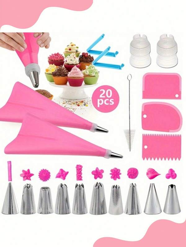 20PCS Cake Decorating Kit With Reusable Pink Piping Bags & Tips - Stainless Steel Nozzles For Easy Icing, Perfect For DIY Baking Enthusiasts & Professional Chefs Cake Baking Supplies Consumable Cake Decorating Supplies, Cookie Making, Baking Tools, Kitchen Gadgets, Kitchen Accessories, Baking Tools For Cookies Cupcake Decorating Kit, For Bake Lovers Birthday Gift Women Men Pink