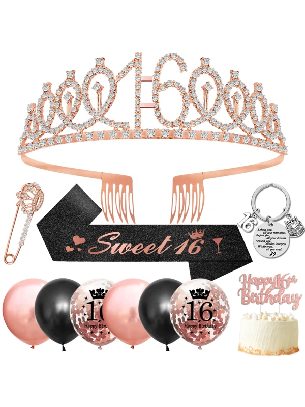 Black Rose Gold Balloon Decoration Set, Includes Crown, Sash, Cake Topper & 16" Black Rose Gold Balloons, For 16th Birthday Party Decor Black Rose Gold