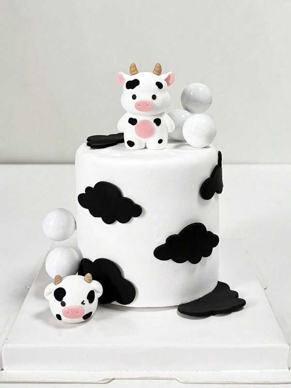 7PCS Cow Cake Topper, Cute Cartoon Cow Cake Decoration, White Foam Ball Cake Decoration, Suitable For Birthday Cake Decoration, Christening Gender Reveal Ceremony Cake Decoration, Cow Theme Cake Decoration,Christmas Multicolor