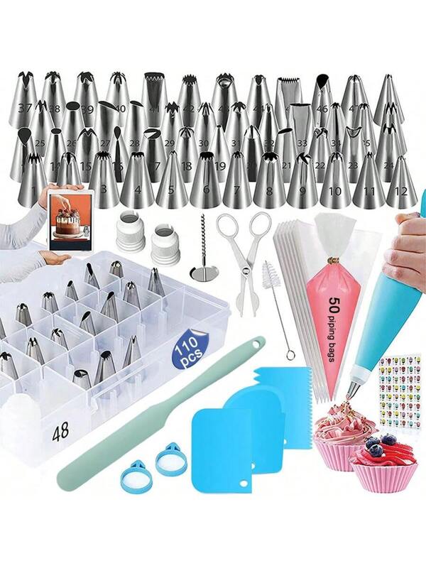 110pcs Cake Decorating Supplies Kit, Includes 48 Icing Tips, 50 Disposable Piping Bags, Silicone Spatula And Scraper, With Storage Box. Great For Baking Cakes, Cupcakes, Cookies, Desserts For Home, Party, Holiday Celebrations Nordic Green and Nordic Pink