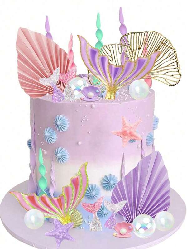 27 Pcs Mermaid Cake Toppers, Including Purple And Pink Mermaid Fish Tail Cake Decorations, Seaweed Shell Starfish Mermaid Underwater Theme Cake Decorations, Transparent Bubble Ball Ginkgo Leaf Purple And Pink Paper Fan Cake Decorations, Suitable For Birthday Cakes, Baptism Party Cakes, Wedding Cakes, Mermaid Theme Cake Decorations,Christmas Multicolor