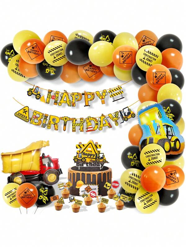 71pcs/Set Construction Excavator Theme Birthday Party Decoration Construction Vehicle Birthday Pull Flag Cake Insert Balloon Chain Multicolor