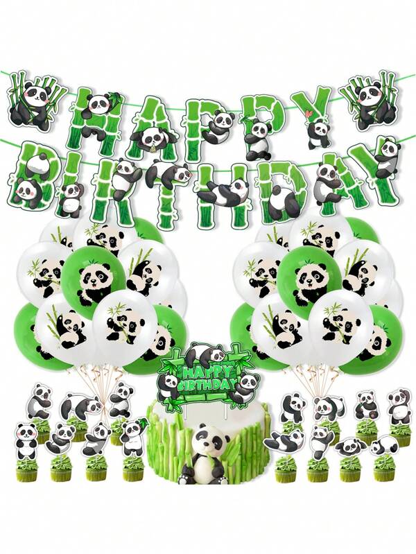 37pcs/Set Panda Theme Birthday Party Decoration Flag Cake Insert Balloon Set Arrangement,Christmas Multicolor