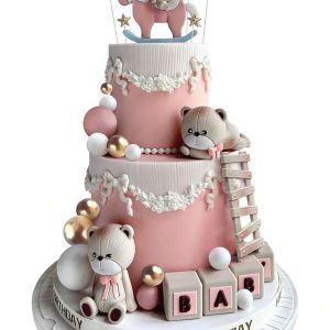 24PCS Cute Bear Cake Decoration, Cartoon Wooden Horse Bow Bear Soft Plastic Doll, Standing Bear Lying Down Bear Sitting Bear, Light Color Ladder Cake Decoration, Five-Pointed Star, White Gold Foam Ball Cake Topper, Suitable For Christening Party, Gender Reveal Ceremony Cake Decoration, Birthday Party Cute Bear Theme Cake Decoration, Soft Rubber Material, Reusable (Pink, Cute Bear) Multicolor