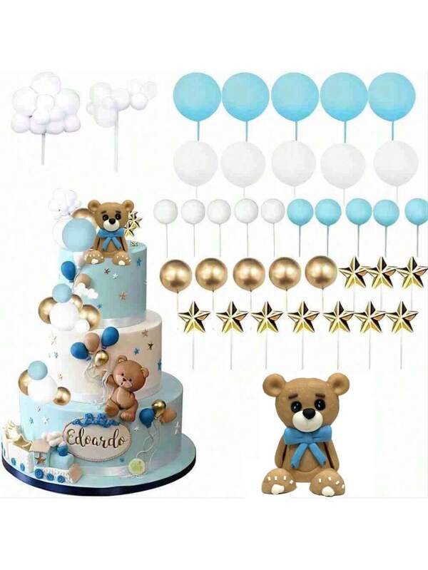 38pcs Teddy Bear Cake Decoration Set, Cute Plush Bear, Star, Cloud Decor For Birthday Party Cake DIY,Christmas Blue