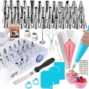 100pcs Cake Decoration Set Baking Piping Tools Kit, Includes 48pcs Stainless Steel Piping Nozzles, 40pcs Disposable Piping Bags, 3pcs Cake Scraper, 1pc Stainless Steel Cake Spatula, 1pc Reusable Piping Bag, 2pcs Couplers, 2pcs Rubber Bands, 1pc Piping Scissors, 1pc Piping Nail, 1pc Cleaning Brush, Plus A Free Storage Box White