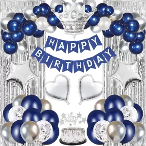 1 Set Navy Blue Birthday Balloon Decoration Set, Includes Royal Blue Balloons, Birthday Banner, Crown Balloons, Heart Foil Balloons, Tassel Curtain, Cake Topper, Metal Balloons, Suitable For Birthday Party Decoration Background Blue