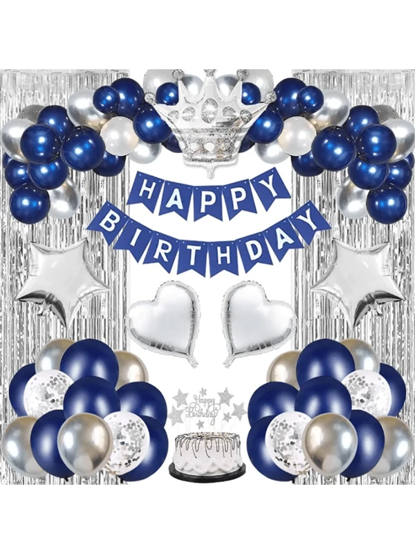 1 Set Navy Blue Birthday Balloon Decoration Set, Includes Royal Blue Balloons, Birthday Banner, Crown Balloons, Heart Foil Balloons, Tassel Curtain, Cake Topper, Metal Balloons, Suitable For Birthday Party Decoration Background Blue